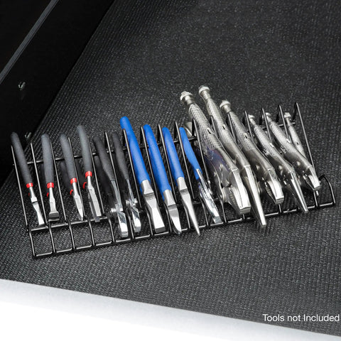 Pliers Holder Organizer For Garage And Workshop 16 Piece Pliers Rack With Three Quarter Inch Slots holding assorted pliers.