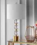 Clear And Brass Gold Crystal Table Lamp With Faceted Orb Design, Modern Glam Bedside Lamp With White Linen Drum Shade