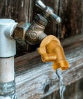 Solid Brass Garden Hose Elbow 45 Degree Bend Three Quarter Inch FHT And Three Quarter Inch MHT With On Off Shutoff Valve And Swivel Connection, Leakproof Water Hose Fittings Includes Tape And Two Extra Washers For Easy No Fuss Setup mounted on outdoor spigot