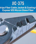 Close-up of JIC-375 tool stripping fiber cable for 125 micron glass exposure, part of TK-107B Backpack Fiber Optic Mid Span Slit And Ring Tool Kit.