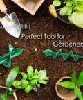Garden Auger Drill Bit Set For Cordless Drills 2 Pack Bulb Planter Spiral Auger Tool and plants on soil with gardening tools