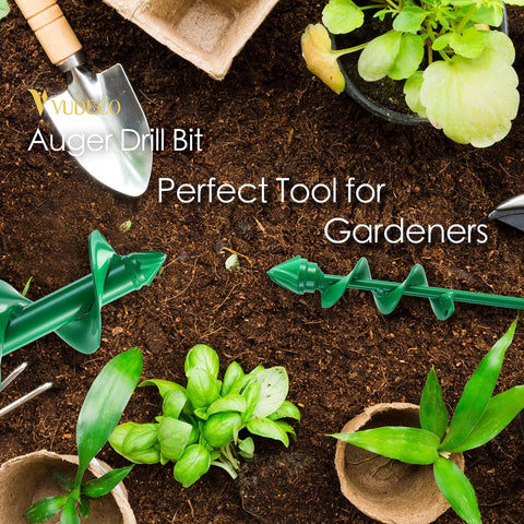 Garden Auger Drill Bit Set For Cordless Drills 2 Pack Bulb Planter Spiral Auger Tool and plants on soil with gardening tools