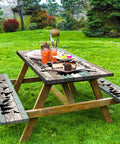 Outdoor picnic table with elastic edges and bench covers, waterproof fitted tablecloth in teal wood texture, 72 by 30 inches rectangle, ideal for RV trips camping picnics and travel, shown in outdoor setting with tableware.