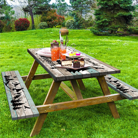 Outdoor picnic table with elastic edges and bench covers, waterproof fitted tablecloth in teal wood texture, 72 by 30 inches rectangle, ideal for RV trips camping picnics and travel, shown in outdoor setting with tableware.