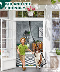 Child and dog passing through Adjustable Magnetic Screen Door For Wide Openings 36 To 40 Inch Width And 81 To 83 Inch Height, DIY Cut-To-Fit
