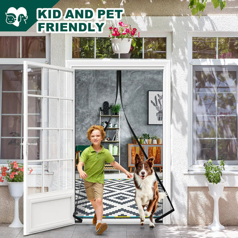 Child and dog passing through Adjustable Magnetic Screen Door For Wide Openings 36 To 40 Inch Width And 81 To 83 Inch Height, DIY Cut-To-Fit
