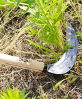 Long Handle Weeding Sickle With Razor Sharp Japanese Carbon Steel Blade For Stand Up Weeding No Bending Easy Back Saving Yard Work 45 Inch Tool Made In Japan Great For Thick Weeds Gardens Lawns in use