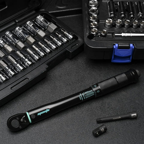 Click Torque Wrench With One Quarter Inch Drive, 20 To 200 Inch Pounds next to socket set in plastic case