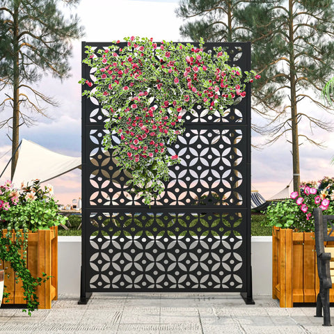 Metal Privacy Screen Outdoor 72 Inches Tall Freestanding Privacy Fence With Sturdy Stands Cross Shaped Decorative Panels in garden
