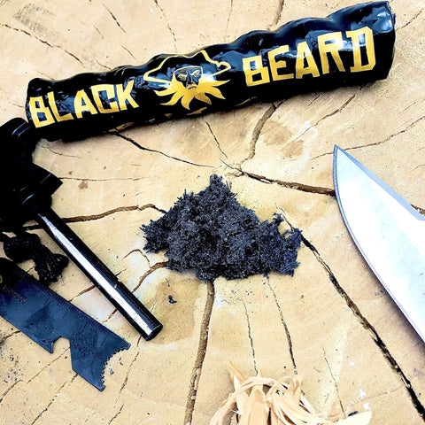 Campfire Fire Starter Rope Weatherproof Cut To Size Easy To Light Lights Fifty Or More Fires With Over Four And A Half Hour Burn Time Infinite Shelf Life For Emergency Survival Kits Made In USA, shown with knife and shavings.