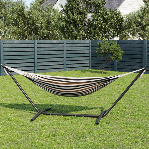 Double Hammock With Foldable Steel Stand And Carry Bag For Indoor Outdoor Use 450 Lbs Capacity Garden Camping Beach Coffee Color