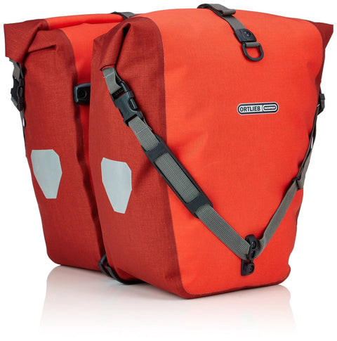 Trail Ready Rear Rack Pannier Duo Set 20 Liter Waterproof Roll Top Cordura With Reflective Trim In Signal Red And Dark Chili