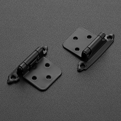 Straight Shooter Matte Black Cabinet Hinges With One Half Inch Full Overlay And Ten Pack Including Screws And Door Bumpers on a grey background.