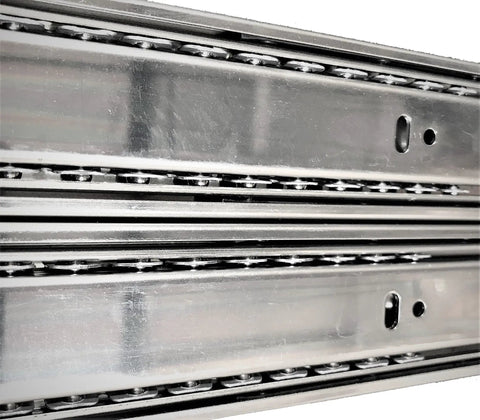 Heavy Duty Full Extension Drawer Slides With No Slap Soft Close Side Mount 12 Inch Cabinet Glides For Shop Builds Featuring Quick Lever Disconnect And Buttery Smooth Glide 10 Pack Blue Steel close-up of shiny steel tracks.
