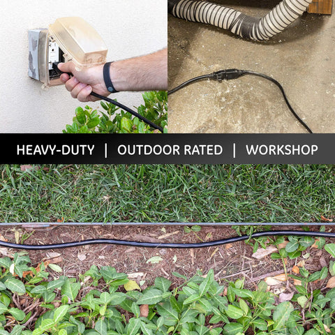 Beefed-Up Heavy Duty Outdoor Extension Cord 15 Ft 16 Gauge 3 Prong Grounded, Double Insulated, Moisture Resistant Vinyl in use.