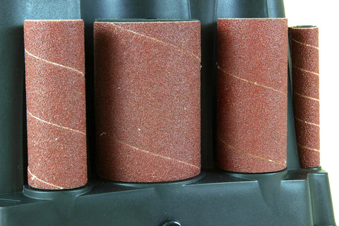 Close-up of sanding sleeves for Powerful 3.5 Amp Oscillating Spindle Sander With 58 OPM At 2000 RPM Onboard Accessory Storage