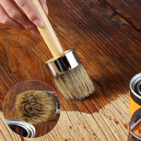 Chalk And Wax Paint Brush, 2 Inch Round Head For Furniture Projects with natural bristles applying finish on wood surface