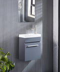 16 Inch Bathroom Vanity With Sink, White Ceramic Vessel, Wall Mounted Storage Cabinet, Modern Gray MDF Vanity For Small Bathrooms shown in a minimalistic setting.