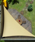 Top view of Beige Right Triangle Shade Sail Canopy 24x24x33.9 Ft, 200 GSM HDPE installed on patio, with steel D rings.