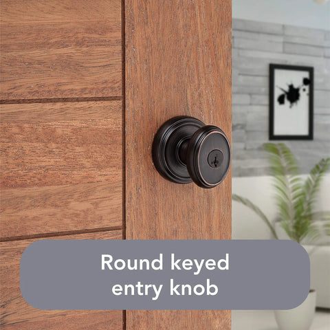 Entry Door Knob With Keyed Lock, SmartKey Re-Key Technology, Microban Protection, Venetian Bronze Finish, Easy DIY Install For Exterior Or Interior Doors, Secure, Weather-Resistant, Lifetime Reliability on wooden door