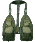 Front view of Ultra Lightweight Fly Fishing Vest With 14 Pockets And Front Zip Storage Olive Green Holds 4 Fly Tackle Boxes With Strap Pack