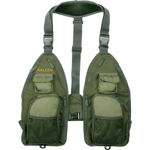 Front view of Ultra Lightweight Fly Fishing Vest With 14 Pockets And Front Zip Storage Olive Green Holds 4 Fly Tackle Boxes With Strap Pack