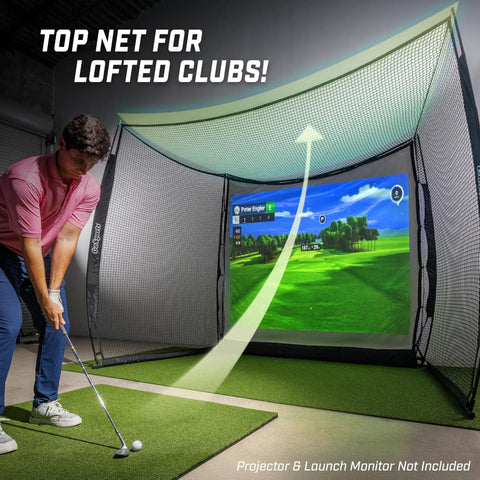 Golfer using Backyard Golf Practice Net Cage 10x8 Ft Enclosed Swing Zone With Side And Top Netting Impact Screen Included Simulator Ready