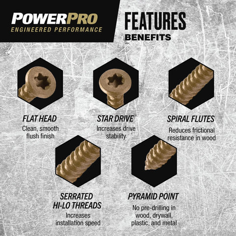 Multi Material Flat Head Construction Screws Six By One Inch Epoxy Coated Bronze Steel Fasteners for Wood Metal Concrete Drywall and Plastic with Torx Drive and Drill Bit Pack of Three Hundred Twenty Displayed Features