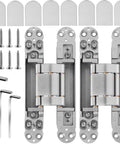 Hidden Door Hinges 7 Inch Stainless Steel Concealed Hinges For Doors With 180 Degree Swing And 3 Way Adjustable Heavy Duty Load Bearing Up To 170 Pounds Pack Of Two shown with screws and tools.