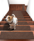 Non Slip Stair Treads For Indoor Stairs 30x8 Inches Pack Of 15 Brown Anti Slip Stair Covers For Dogs And Kids on wooden stairs.