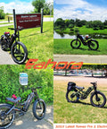 Beast Mode 60V 80Ah Dual Motor Electric Fat Tire Bike parked by sign, showcasing robust design and large tires.