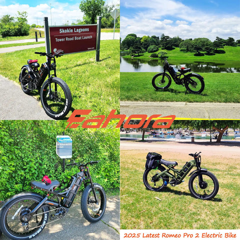 Beast Mode 60V 80Ah Dual Motor Electric Fat Tire Bike parked by sign, showcasing robust design and large tires.