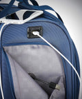 Underseat Carry On Spinner With USB Port, Ocean Color, smartphone charging, durable fabric close-up, luggage detail