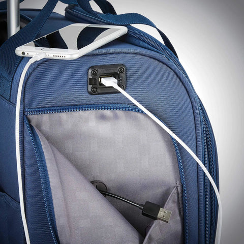 Underseat Carry On Spinner With USB Port, Ocean Color, smartphone charging, durable fabric close-up, luggage detail