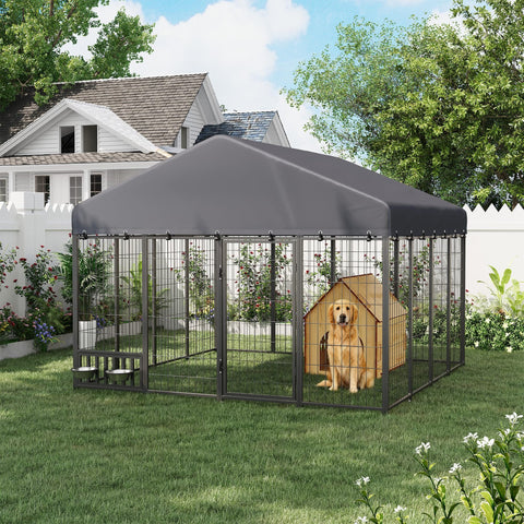 Heavy Duty Outdoor Dog Kennel With Roof For Yard 8x8 Ft Chain Link Fence Dog Run Enclosure Includes Feeding Bowl And Self Locking Latch