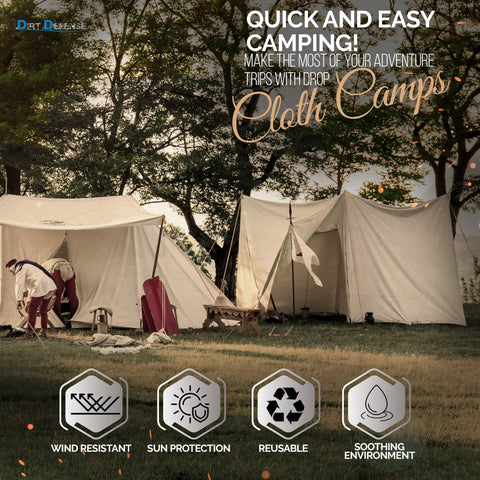 Canvas tents set up in a forested area, promoting wind resistance, sun protection, and reusability for camping.