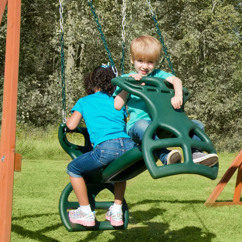 Kids enjoying Dual Ride Glider Back-To-Back Tandem Swing For Kids With Green Plastic Coated Chains Multi-Child Swing outdoors.