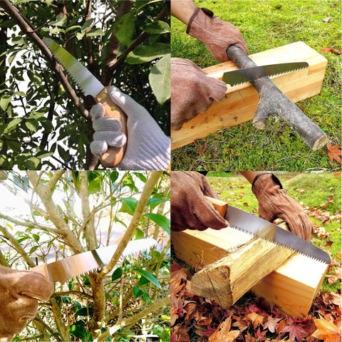 Japanese NATA Tool Knife And Pruning Saw Set 6.5 Inch cutting branches and firewood, showcasing outdoor use and handle detail