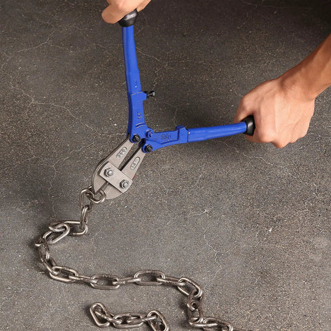 14 Inch Heavy Duty Bolt Cutter cutting chain, ergonomic anti-slip handles, made from T8A steel, built tough for locks and wires.