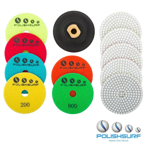 4 Inch Diamond Pro Grade Polishing Pads Wet And Dry Set Of 11 Plus 1 Backer Pad visible with varied grits for polishing granite