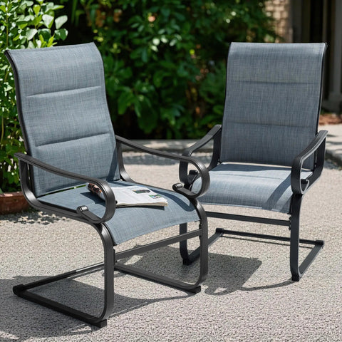 Set Of Two Padded Textilene Patio Dining Chairs With C Spring Rocker Action And Curved Armrests Rock Solid Powder Coated Metal Frame Prime Poolside Garden Furniture Built Tough For Weekend Hangouts In Blue And Black - side view in outdoor setting