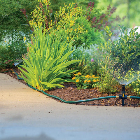 Adjustable Spike Sprinkler Bundle With Three Sprinklers And Two 15 Foot Hoses No Fuss Setup Green And Yellow Covers Up To 1800 Sq Ft