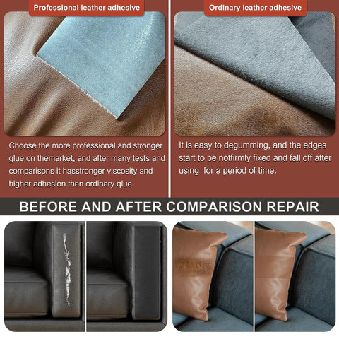 Comparison of Self Adhesive Leather Repair Patch Kit for Furniture and Car Seats with professional and ordinary adhesives.