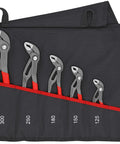 Cobra Water Pump Pliers Set Five Piece 125 To 300 Mm With Self Locking Grip in roll-up bag for slippage-free work with pipe fittings.