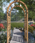 Golden Brown Cedar Arbor With Lattice To Help Climbing Plants Grow 47W X 89H Garden Trellis For Vines And Flowers
