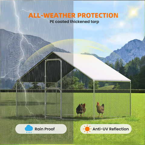 Walk In Metal Chicken Coop With Heavy Duty Outdoor Poultry Run And Protective Cover Predator Proof Weather Resistant Spacious