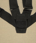 Black Double Web Sling Carrying Belt For Color Guard Parade Gear with secure webbing and strap detail on beige background