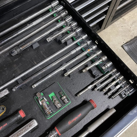 3D Tool Tray Socket Extension Organizers Set in drawer with red and black magnetic trays securing extensions neatly, clutter-free.