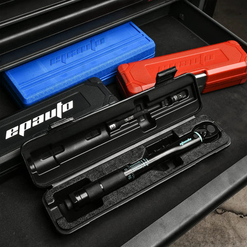 Click Torque Wrench With One Quarter Inch Drive, 20 To 200 Inch Pounds, shown in sleek black storage case on tool shelf.