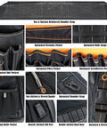 77 Pocket Electricians Tool Backpack With Hard Moulded Bottom And 65 Pcs Molle Loops Four Compartments Titanium Hook Waterproof Design For HVAC Construction And Field Techs A Gear Carrier For Tough Job Sites with detailed pocket layout and reinforced features.